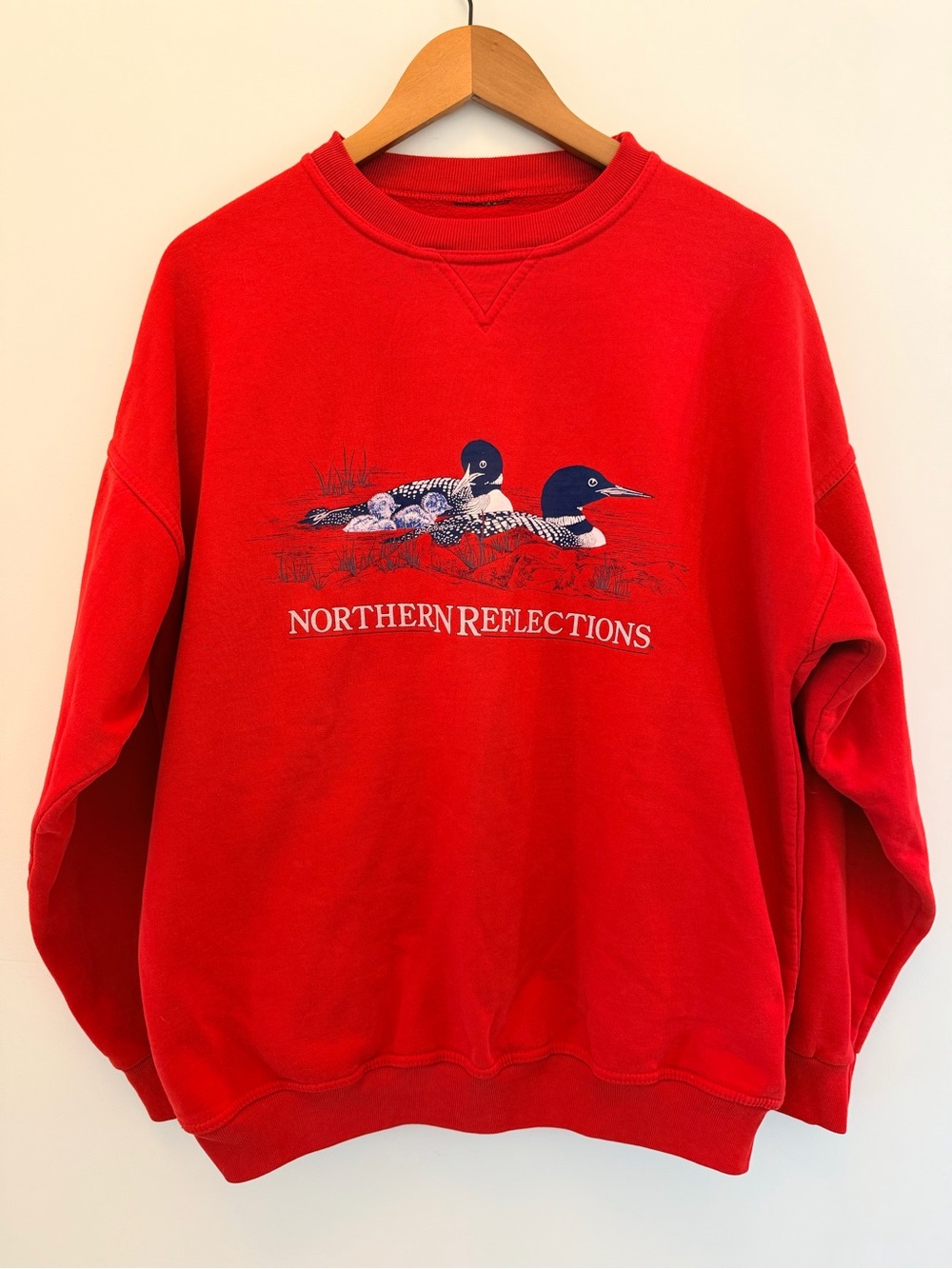Northern Reflections Red Crewneck with Loon Graphic